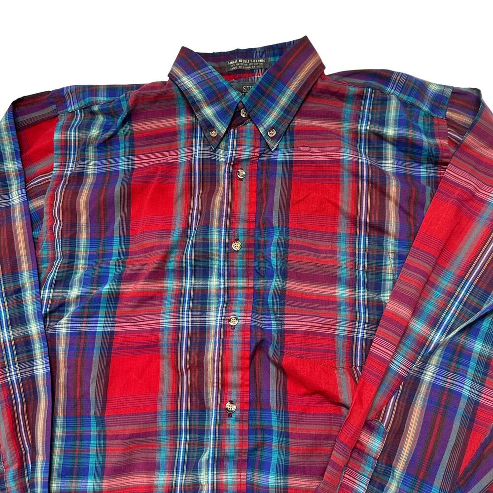 VTG Sir William Shirt Men M Red Blue Green Yellow Plaid Button Up Single Needle